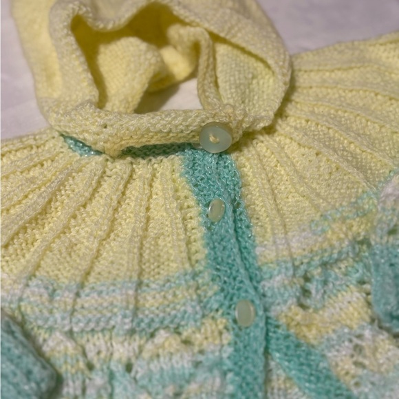 Vintage Yellow and Green Knitted Baby Cardigan and Hat - Picture 4 of 9
